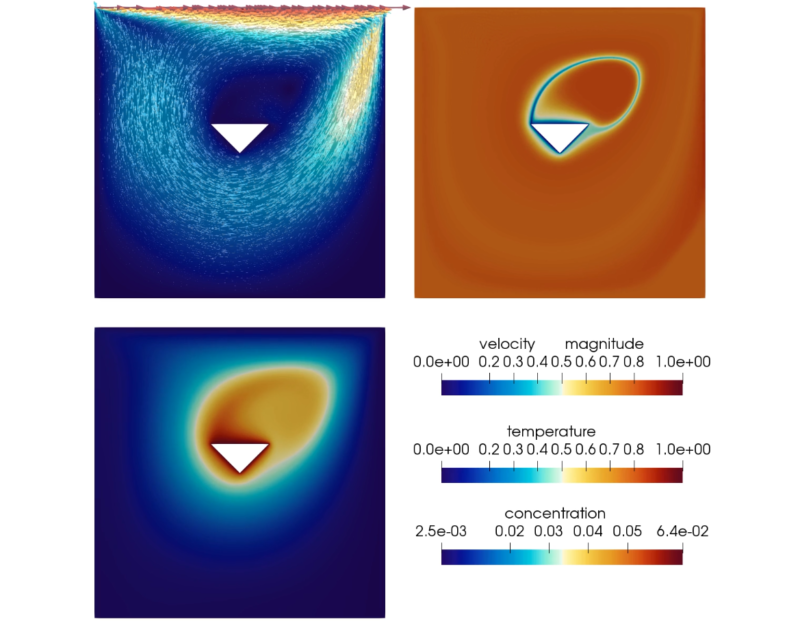 Driven cavity with velocity field/concentration/temperature